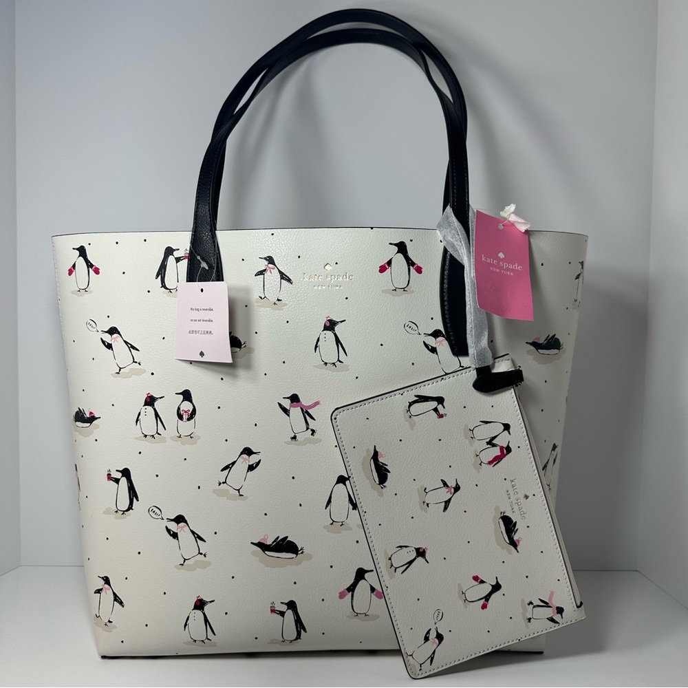 NWT Kate Spade Reversible White Large Leather Penguin Tote Bag W/ Pouch